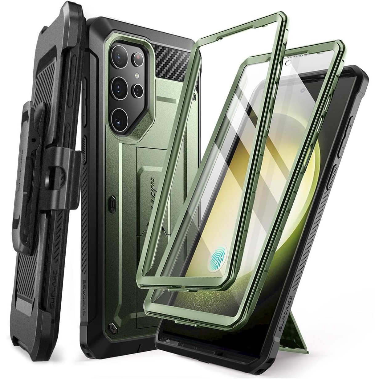 Etui pancerne z osłoną na ekran, z wbudowaną podstawką i kaburą z klipsem obrotowym Supcase Unicorn Beetle Pro do Galaxy S24 Ultra, zielone